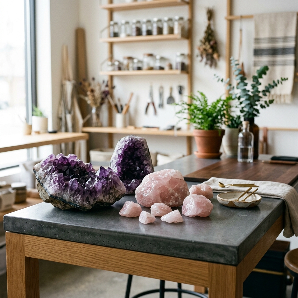 Raw Amethyst and Rose Quartz in Factory